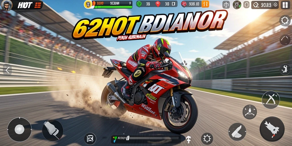 Screenshot gameplay 62HOT menunjukkan aksi balapan motor yang intens.