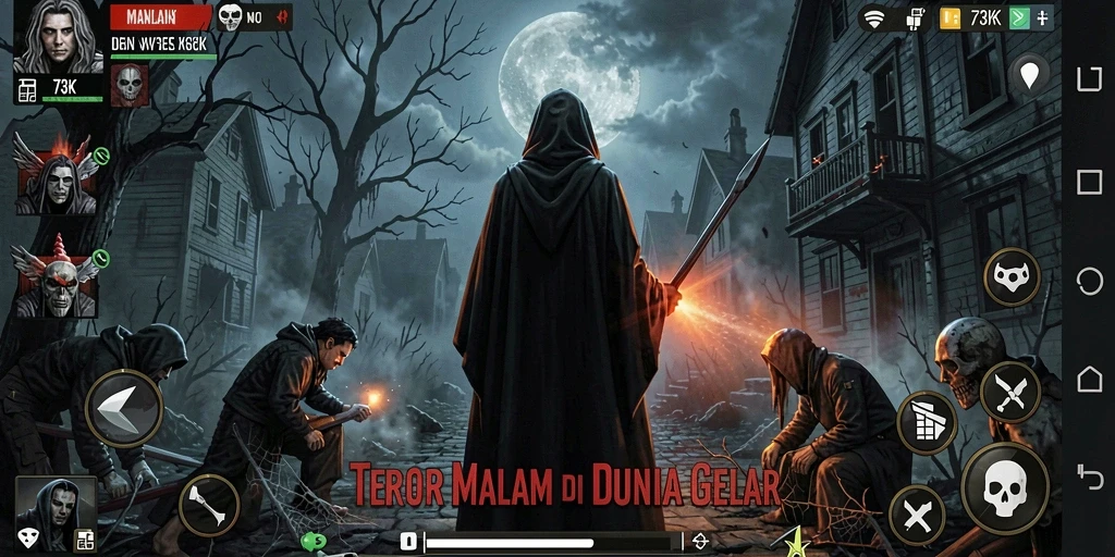 Screenshot gameplay 73K menampilkan suasana horor yang menegangkan.