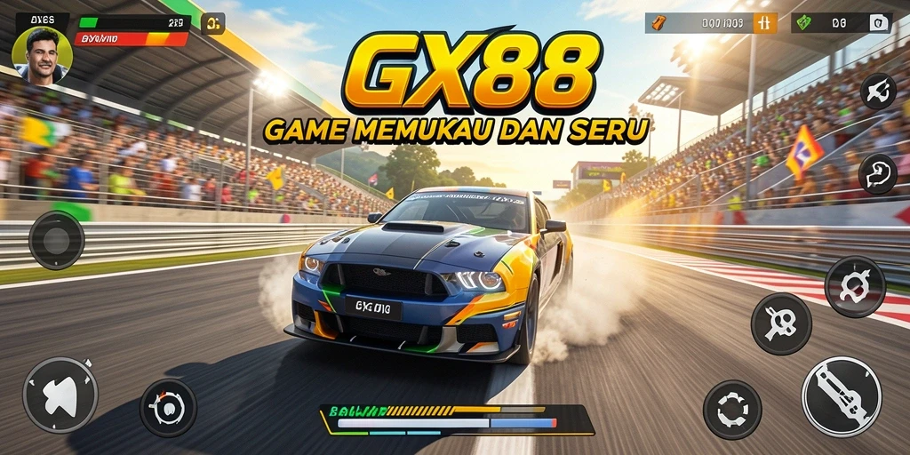 Tampilan gameplay GX88 saat balapan di trek yang menantang.