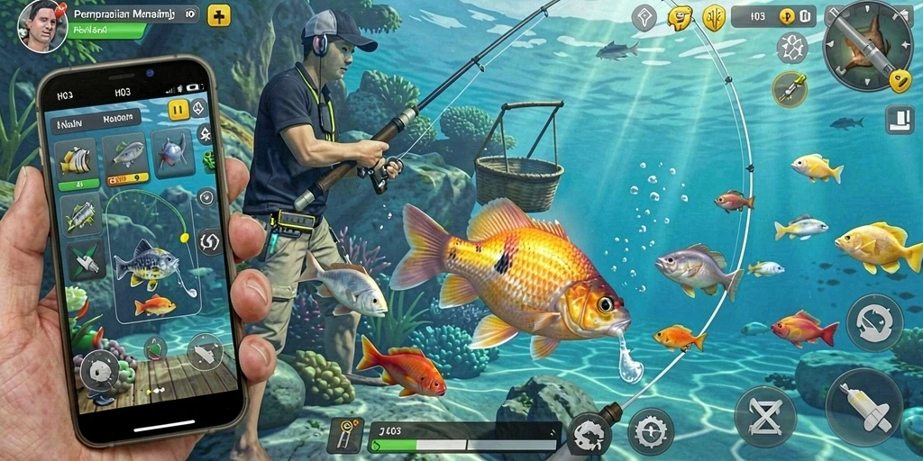 Gameplay H03 menampilkan aksi memancing yang seru dan menegangkan.