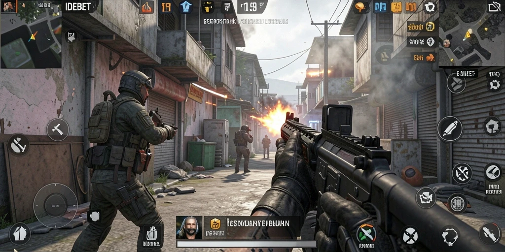 Screenshot gameplay IDEBET yang menunjukkan pertempuran mendebarkan dalam mode FPS.