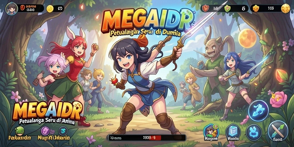 Screenshot gameplay MEGAIDR menampilkan pertarungan seru karakter Anime.