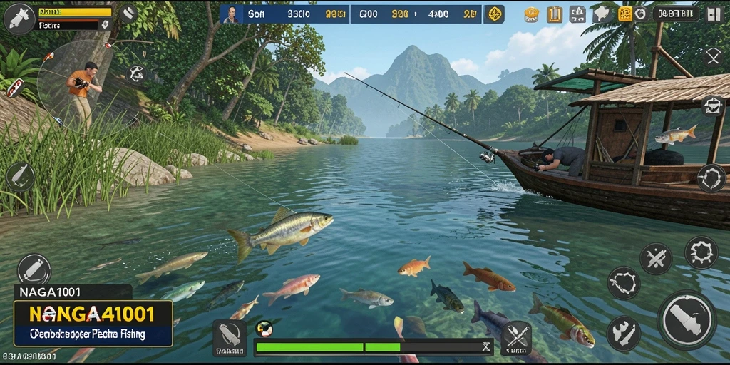 Screenshot gameplay NAGA1001 menampilkan aktivitas memancing yang seru.