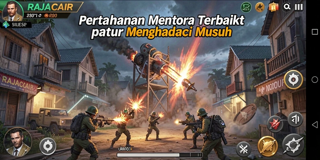 Tampilan gameplay menarik dari RAJACAIR dengan berbagai menara pertahanan.