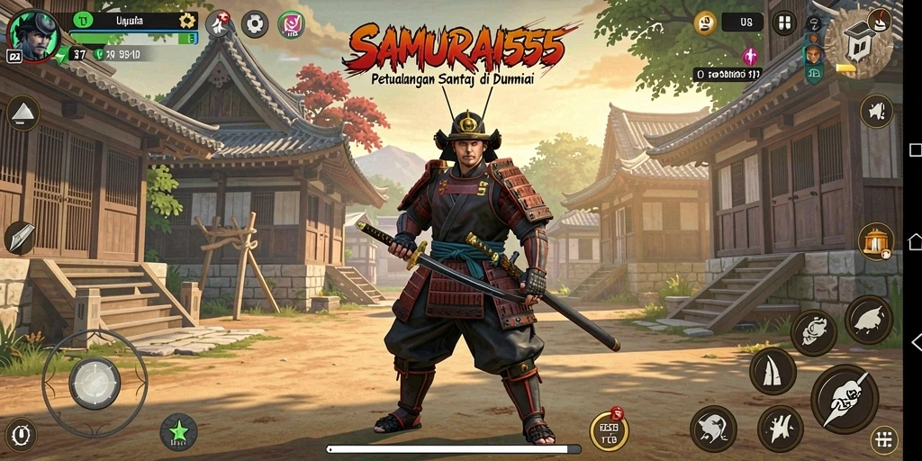Tangkapan layar menunjukkan karakter samurai yang aktif dalam misi santai.