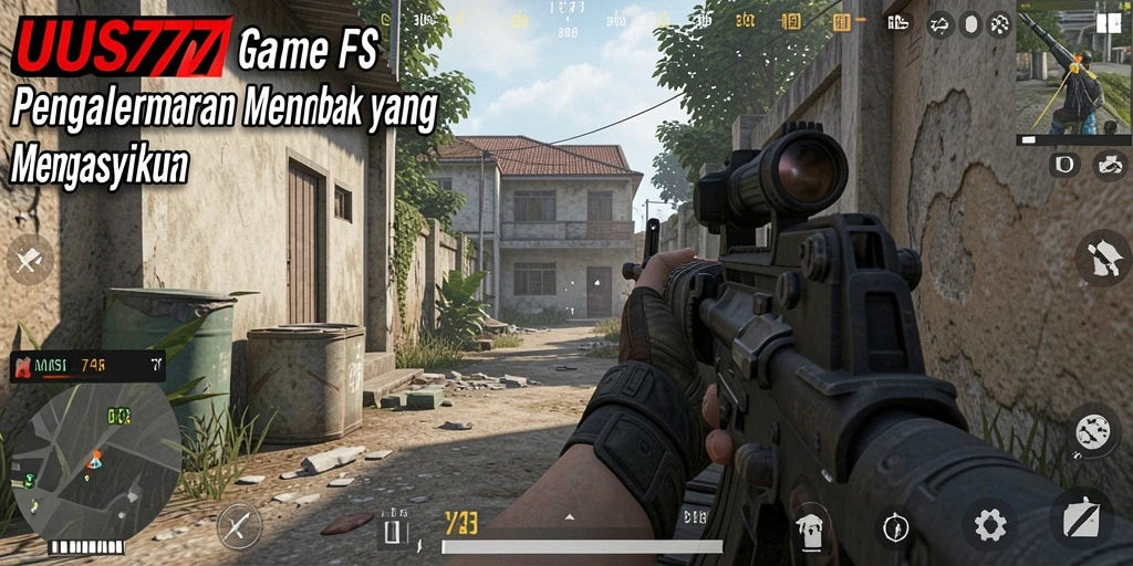 Tangkapan layar utama UUS777 menampilkan aksi menembak yang intens dalam mode FPS.