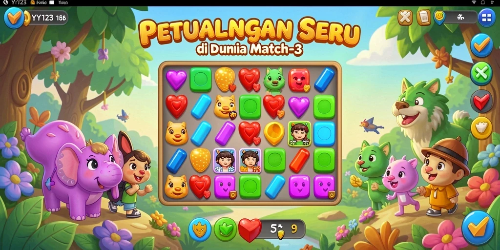 Gameplay seru YY123 dengan kombinasi objek Match-3 yang menantang.